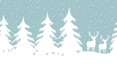 Winter Forest Seamless Border. Christmas Background. Winter Woods with Deer, Fir Trees, Snow. White Silhouettes. Template. Stencil. Vector Illustration on Light Blue Background