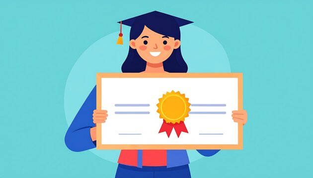 A woman in a graduation cap proudly displays a certificate of achievement, radiating happiness and accomplishment.