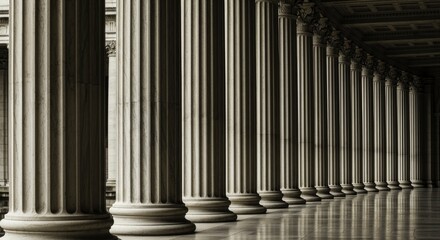 Dramatic Perspective of a Classical Colonnade with Fluted Stone Columns and Reflective Floor, bathed in Striking Light and Shadow