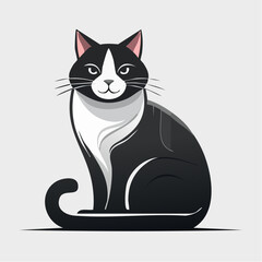 Minimalist vector illustration of a charming black and white cat sitting on a clean white background