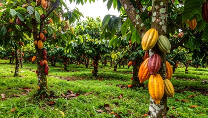 Lush Cacao Plantation with Ripe Pods: Vibrant Yellow, Red, and Brown Cocoa Fruits Hanging from Trees