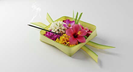 Traditional Balinese Hindu Offering Canang Sari with Flowers and Incense