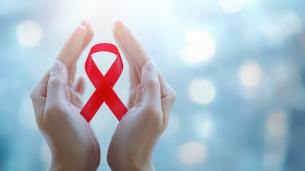 a protective shape around a diabetes awareness ribbon, symbolizing care and prevention, with a soft blue blurred background