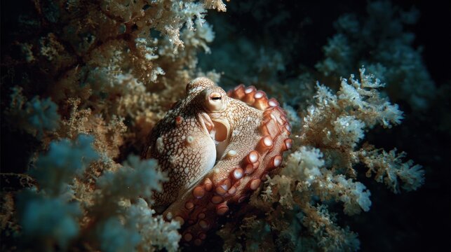 An octopus hides among soft coral on a reef in the red sea, egypt, underwater wildlife photography, marine life, animal behavior
