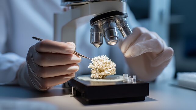 A scientist examines coral under a microscope, demonstrating marine biology research.