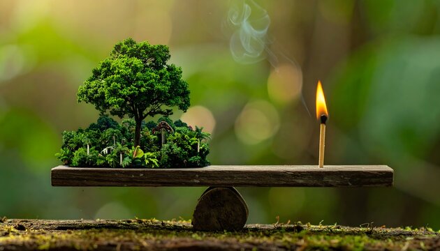 Urgent call to protect our vibrant forests from destruction with balance and care, showing the delicate line between nature and human impact