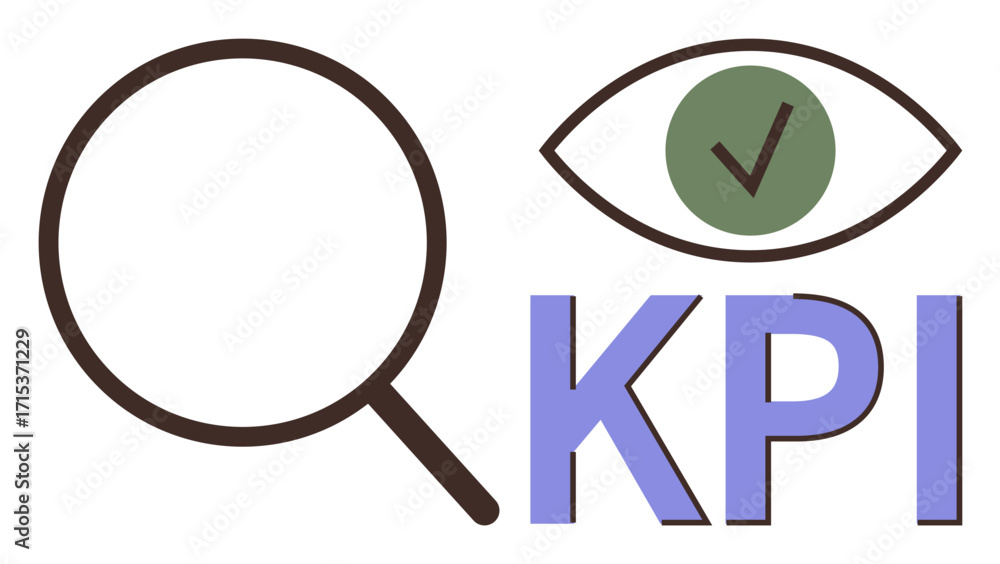 Poster magnifying glass, eye with checkmark, and kpi text highlight data analysis, performance tracking, an