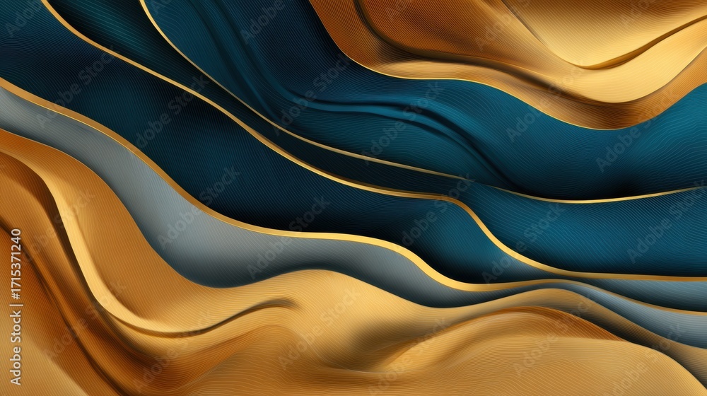 Poster Flowing abstract waves of gold and teal create a dynamic visual, suggesting movement and elegance