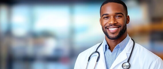 Fototapeta premium smiling male doctor wearing a white medical coat and blue shirt with a stethoscope around his neck in a bright, modern medical office