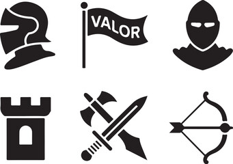 Medieval knight armor, flag, and weapons icons