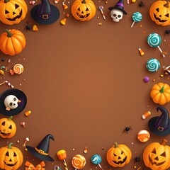 Isometric Halloween icon grid on a warm light-brown backdrop with clear copy space&mdash;ideal for square posts and promotional tiles.
