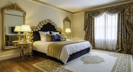 Luxurious Gold and Blue Bedroom Interior with Ornate Headboard, Elegant Furnishings, and Rich Drapes, Evoking Classic Opulence and Comfort