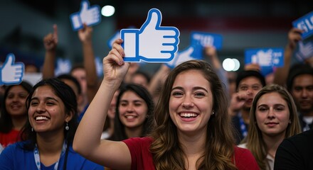 Social Media Enthusiasts: A crowd of people happily holding 'like' signs, capturing the essence of community engagement, and the power of online interactions. The scene reflects the modern age.