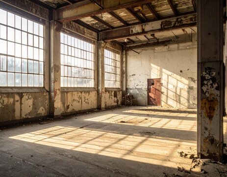 Sunlit, decaying industrial space; peeling paint, dust motes dance in golden light - Powered by Adobe