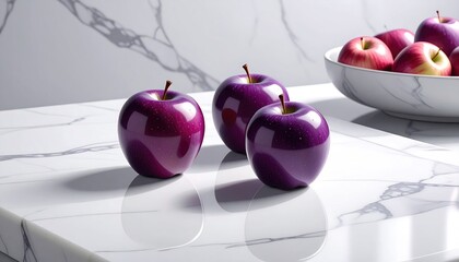 Three dark purple apples sit on a reflective white surface, near a bowl of red apples