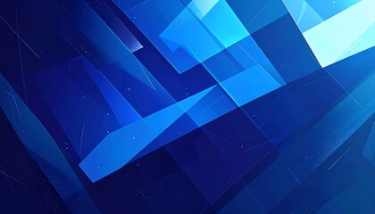 A vibrant geometric abstract composition with overlapping translucent blue shapes, gradients, & slight particle effects