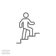 Man climbs the stairs icon. Simple outline style. Stair, walk, climb, staircase, step, up, career, person, rise, level, business concept. Thin line symbol. Isolated design editable stroke.