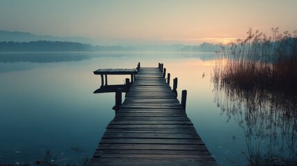 Naklejka premium Serene Lake Pier Sunrise: Peaceful Nature Landscape