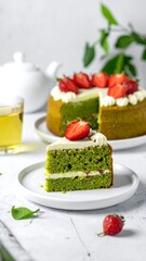 Matcha cake slice with strawberries