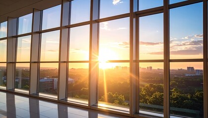Fototapeta premium Panoramic View Through Glass Windows in Modern Building at Sunset Over Urban Landscape