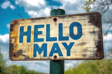 weathered wooden sign with bold blue text saying hello may against a bright cloudy blue sky and green foliage background