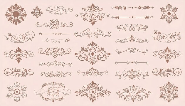 A collection of ornate, decorative elements featuring elegant floral and scroll designs in warm taupe tones on a light peach background.