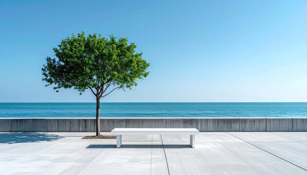 White bench near a lone tree by the sea, under a clear blue sky - Powered by Adobe