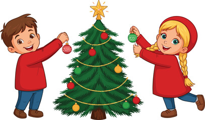 Happy children decorating Christmas tree with ornaments, holiday celebration, festive winter season, cartoon boy and girl, joyful family tradition