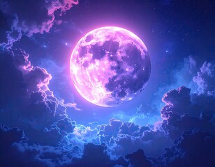 Mystical Pink and Purple Full Moon Glowing Amidst Cosmic Clouds and a Starry Sky