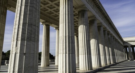 Classical Marble Colonnade with Fluted Columns, Sunlight, and Dramatic Shadows