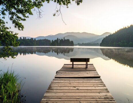 Serene sunrise over calm lake, wooden dock with bench, misty mountains in background