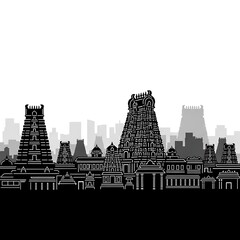 Obraz premium A black and white silhouette illustration of ancient temples and city buildings, showcasing intricate architectural details.