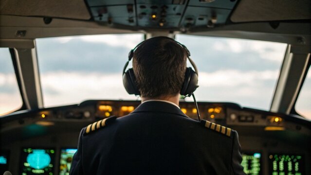Rear View of Airline Pilot in Cockpit Flying Boeing Airplane for Transport - Powered by Adobe