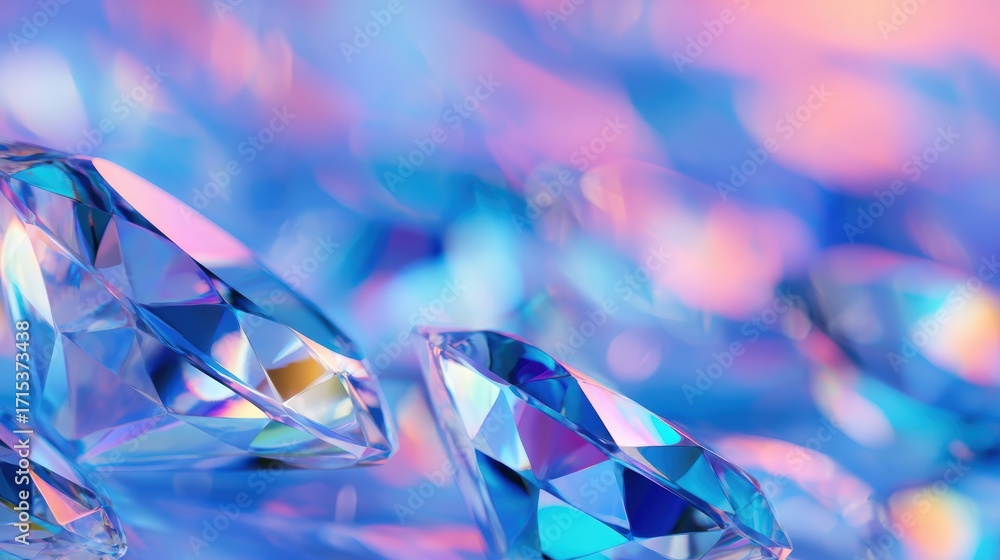 Poster close-up view of sparkling diamonds reflecting colorful light on a soft blue background, creating a 