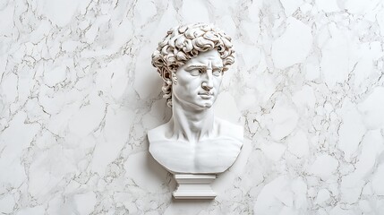 White Marble Bust of a Classical Male Figure Against a Marble Background