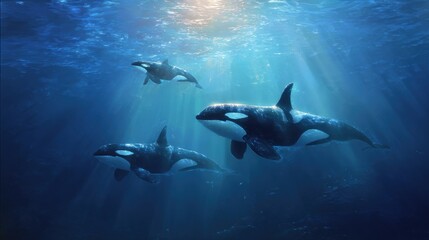 Obraz premium A pod of orcas gracefully swims through the sundrenched ocean, their sleek bodies cutting through the clear blue water