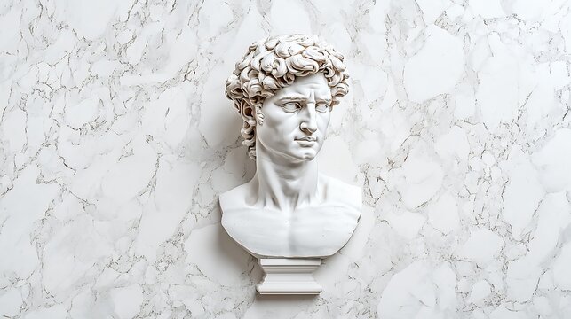 White Marble Bust of a Classical Male Figure Against a Marble Background - Powered by Adobe
