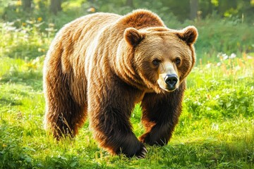 Fototapeta premium large brown bear walking through green grassy meadow surrounded by wildflowers and soft sunlight