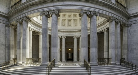 Grand Neoclassical Marble Rotunda Interior with Ionic Columns, Curved Staircase, and Ornate Architectural Details bathed in Natural Light