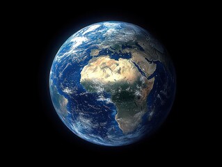 View of the Earth from space showing the African continent with clear blue oceans and scattered clouds against a black background