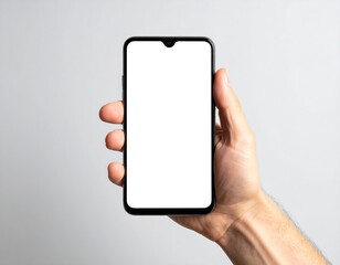 Hand holding a smartphone with a blank screen