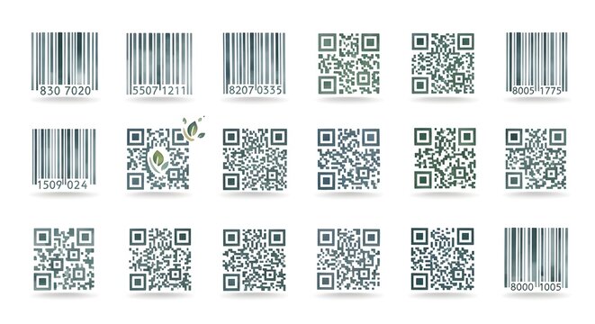 Collection of Barcodes and QR Codes for Digital Information.