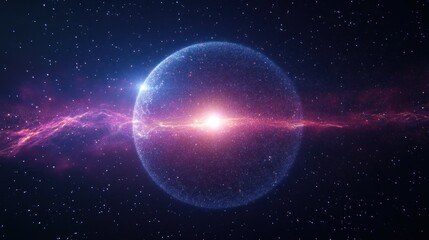 Bright glowing star at the center of a vast spherical cosmic dust cloud with colorful nebulous formations and numerous distant stars in deep space