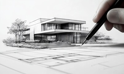 Hand-drawn building sketch in black ink, early architectural design phase