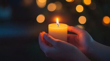 A pair of hands lighting a candle in memory of those lost to AIDS, s on blurred background