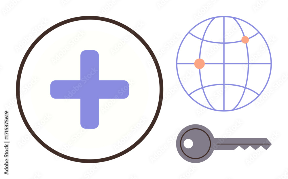 Poster circular plus sign, globe with connection points, and key highlight access, security, and worldwide 