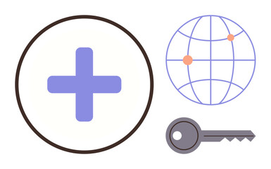 Fototapeta premium Circular plus sign, globe with connection points, and key highlight access, security, and worldwide connection. Ideal for healthcare, technology, data protection, global reach innovation trust
