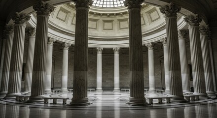 Grand Neoclassical Rotunda Interior with Ornate Marble Columns and Domed Skylight, Illuminated by Natural Light