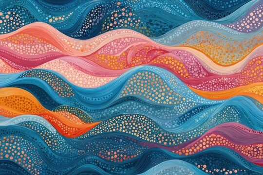 Abstract wavy pattern with pastel and jewel tones, dotted texture