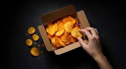 Woman's hand taking a crispy potato chip from a cardboard box on a dark background.